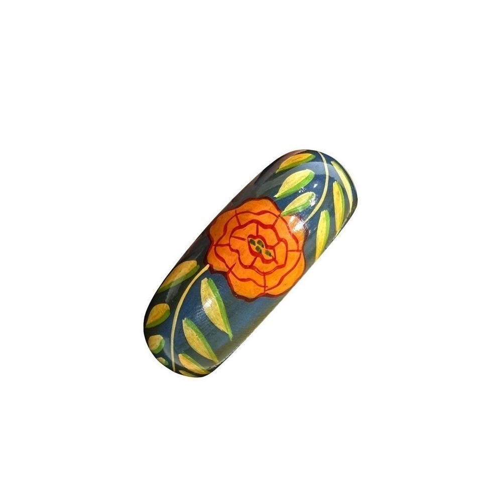 Wooden Bangle Bracelet OS Blue Orange Yellow Hand Painted Floral Made in India